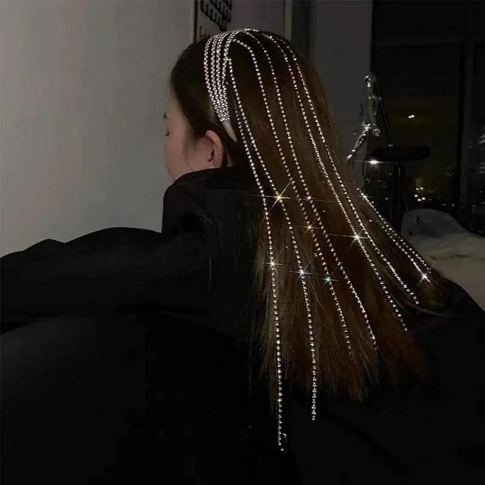 Four Layered Fringe Rhinestone Long Headband In Gold - Picture 2 of 5
